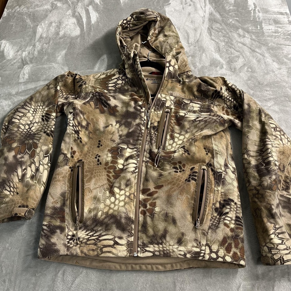 Kryptek Vellus Jacket Mens M Brown Camo Fleece Hooded Full Zip Hunting Pockets